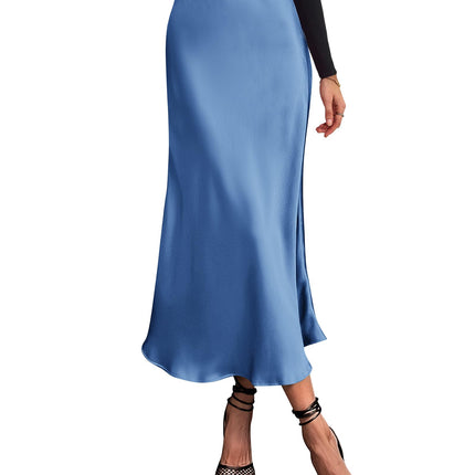 Women's High Waist Satin Midi Skirt - Elegant A-Line Flowy Party Wedding Skirt