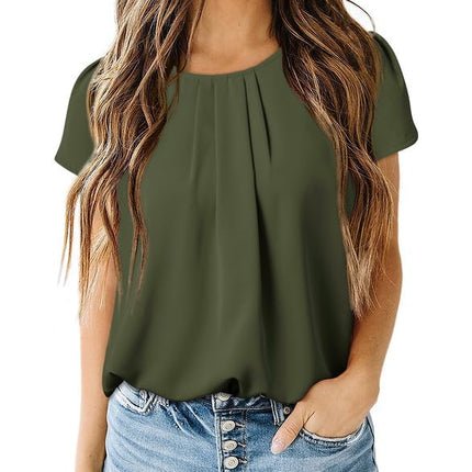 Polyester Blouses - Women's Chiffon Blouse Short Sleeve Pleated Top with Keyhole Back Detail