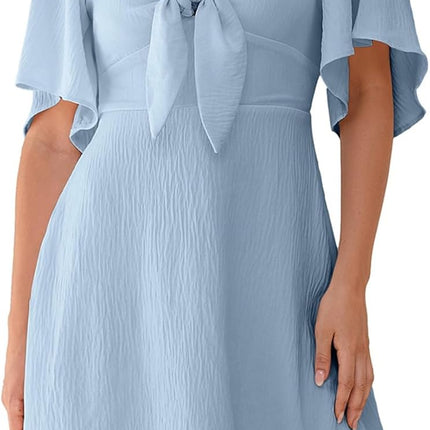 Women's Deep V-Neck Mini Dress with Bow Tie - Elegant Summer Fall Outfit