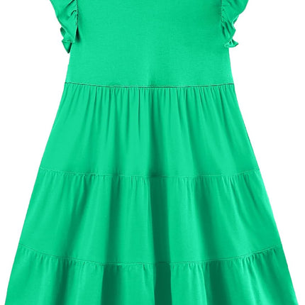 Girls Cotton Dress - Ruffle Sleeve Tiered A-Line Midi Sundress