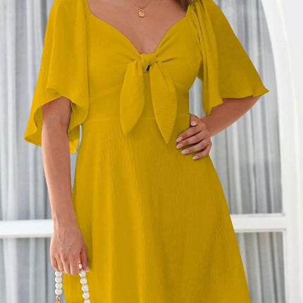 Women's Deep V-Neck Mini Dress with Bow Tie - Elegant Summer Fall Outfit