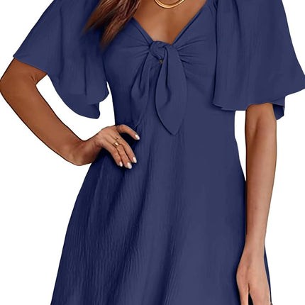 Women's Deep V-Neck Mini Dress with Bow Tie - Elegant Summer Fall Outfit