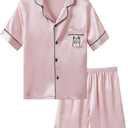 Girls Satin Pajama Set - Silky Button Down PJ with Shorts Size 6-16