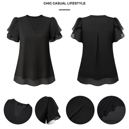 Polyester Blouses - Women's Chiffon Blouse V-Neck Puff Sleeve Summer Top for Work and Casual Wear