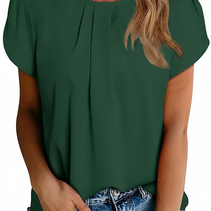 Polyester Blouses - Women's Chiffon Blouse Short Sleeve Pleated Top with Keyhole Back Detail