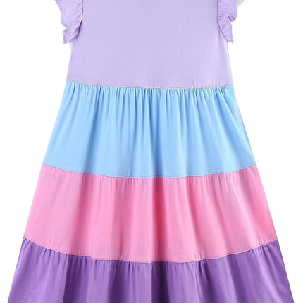 Girls Cotton Dress - Ruffle Sleeve Tiered A-Line Midi Sundress