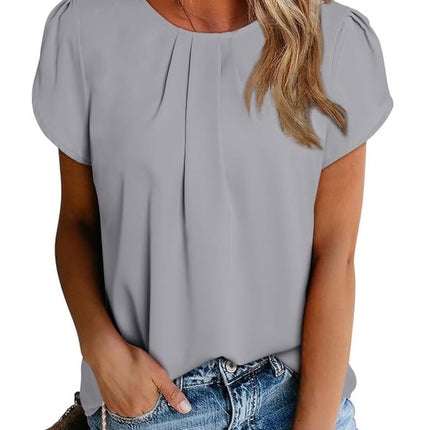 Polyester Blouses - Women's Chiffon Blouse Short Sleeve Pleated Top with Keyhole Back Detail