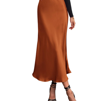 Women's High Waist Satin Midi Skirt - Elegant A-Line Flowy Party Wedding Skirt