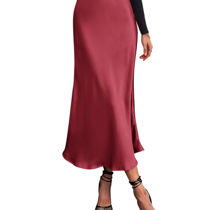 Women's High Waist Satin Midi Skirt - Elegant A-Line Flowy Party Wedding Skirt