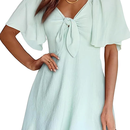 Women's Deep V-Neck Mini Dress with Bow Tie - Elegant Summer Fall Outfit