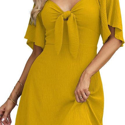 Women's Deep V-Neck Mini Dress with Bow Tie - Elegant Summer Fall Outfit