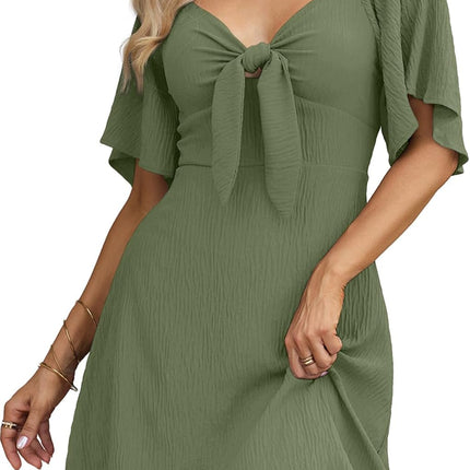 Women's Deep V-Neck Mini Dress with Bow Tie - Elegant Summer Fall Outfit