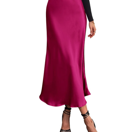 Women's High Waist Satin Midi Skirt - Elegant A-Line Flowy Party Wedding Skirt