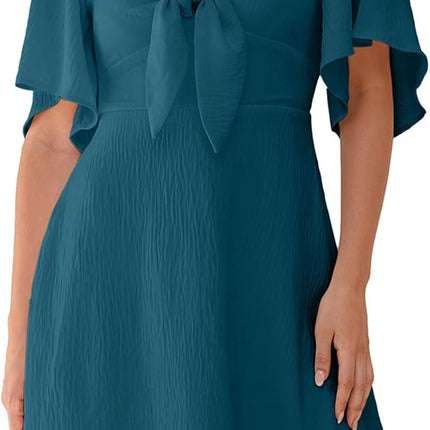 Women's Deep V-Neck Mini Dress with Bow Tie - Elegant Summer Fall Outfit