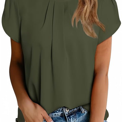 Polyester Blouses - Women's Chiffon Blouse Short Sleeve Pleated Top with Keyhole Back Detail