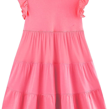 Girls Cotton Dress - Ruffle Sleeve Tiered A-Line Midi Sundress
