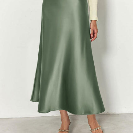 Women's High Waist Satin Midi Skirt - Elegant A-Line Flowy Party Wedding Skirt