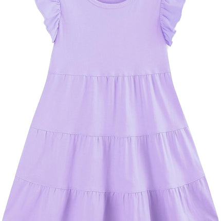 Girls Cotton Dress - Ruffle Sleeve Tiered A-Line Midi Sundress