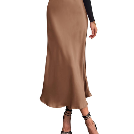 Women's High Waist Satin Midi Skirt - Elegant A-Line Flowy Party Wedding Skirt