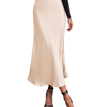 Women's High Waist Satin Midi Skirt - Elegant A-Line Flowy Party Wedding Skirt