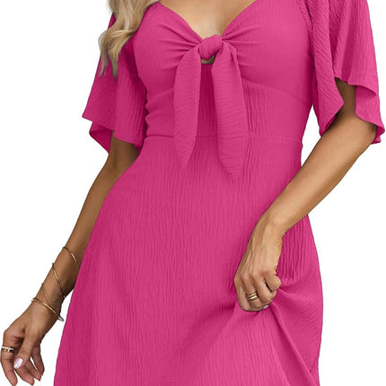 Women's Deep V-Neck Mini Dress with Bow Tie - Elegant Summer Fall Outfit