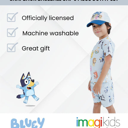 Bluey 3-Piece Kids Outfit Set - T-Shirt, Shorts & Baseball Cap for Toddlers to Big Kids