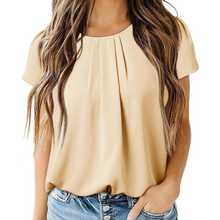 Polyester Blouses - Women's Chiffon Blouse Short Sleeve Pleated Top with Keyhole Back Detail