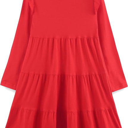 Girls Cotton Dress - Ruffle Sleeve Tiered A-Line Midi Sundress