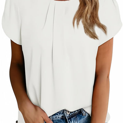 Polyester Blouses - Women's Chiffon Blouse Short Sleeve Pleated Top with Keyhole Back Detail