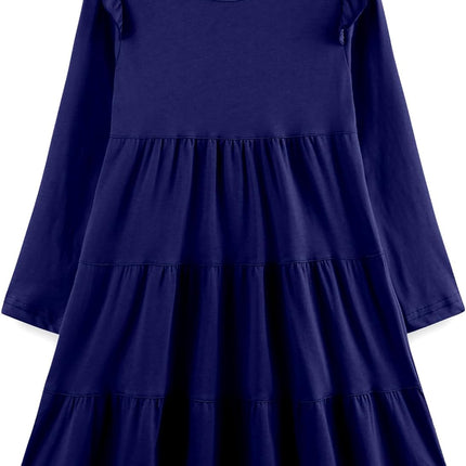 Girls Cotton Dress - Ruffle Sleeve Tiered A-Line Midi Sundress