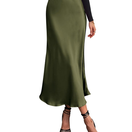 Women's High Waist Satin Midi Skirt - Elegant A-Line Flowy Party Wedding Skirt