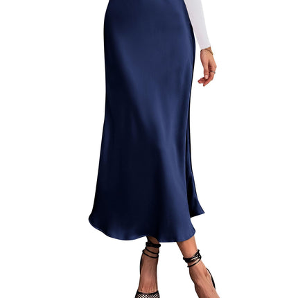 Women's High Waist Satin Midi Skirt - Elegant A-Line Flowy Party Wedding Skirt