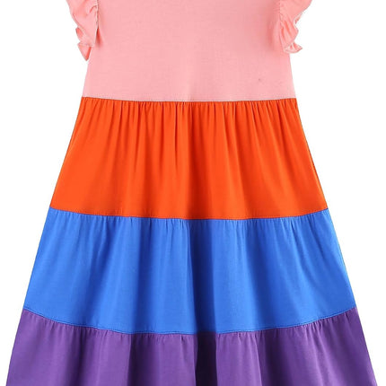 Girls Cotton Dress - Ruffle Sleeve Tiered A-Line Midi Sundress