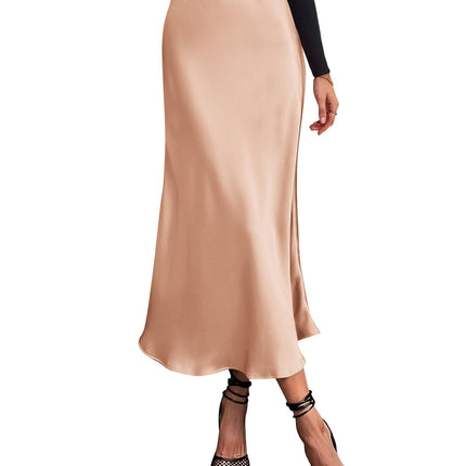Women's High Waist Satin Midi Skirt - Elegant A-Line Flowy Party Wedding Skirt