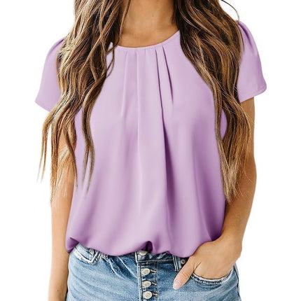 Polyester Blouses - Women's Chiffon Blouse Short Sleeve Pleated Top with Keyhole Back Detail