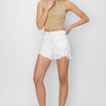 RISEN Button Fly Frayed Hem Denim Women Shorts