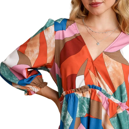 Abstract V-Neck Tiered Printed Dress