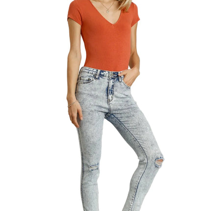 5-Pockets Distressed Detail Stretch Denim Skinny Jeans with Unfinished Hem
