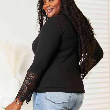 Double Take Crochet Lace Hem Sleeve Button Women Top