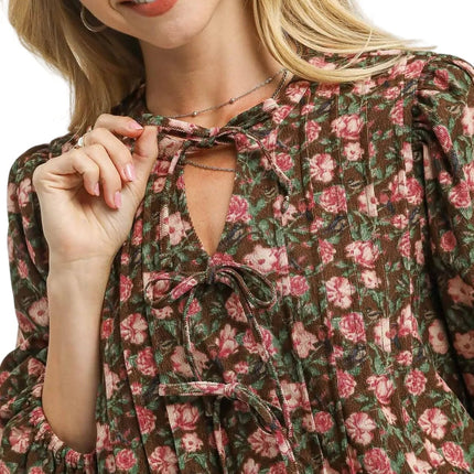 Womens Casual Swing Dress Vintage Floral Print Babydoll Style Puff Sleeve Mini Brown Pink Garden Party Dress