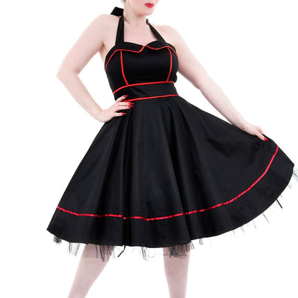 6851 Black Red Trim Halter Swing Dress