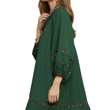 Garden Naked Womens Casual Shift Dress Boho Leopard Trim Pleated Babydoll Mini Green Balloon Sleeve Daily Wear