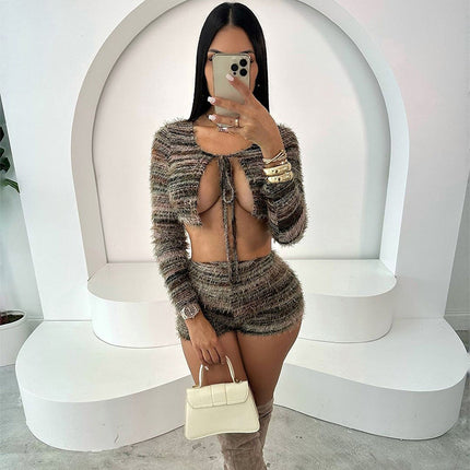 Open navel hollow strap short sleeved two-piece set
