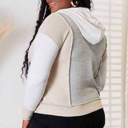 Double Take Color Block Exposed Seam Drawstring Hoodie