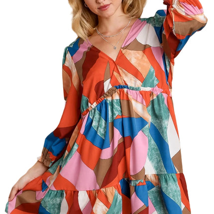 Abstract V-Neck Tiered Printed Dress