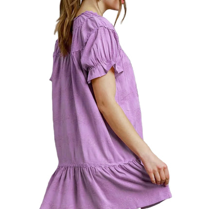 Garden Naked Womens Casual Mini Dress Sweet Ruffle Trim Puff Sleeve Babydoll Flared Lavender Purple Summer Daily Wear