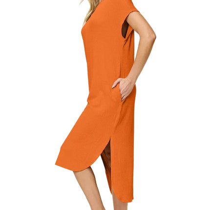 Garden Naked Women's Casual Dress Loose-Fit Round Neck Short Sleeve Slit Solid Color Midi Dress Blue Textured