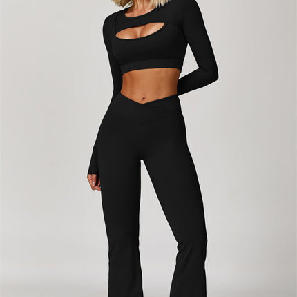 The Lavish Long Sleeve Cut-out Crop Top Flared Leggings 2-Piece Set
