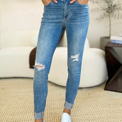 Judy Blue Full Size Mid Rise Destroy & Cuff Skinny Women Jeans