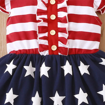Striped & Stars Ruffled Round Neck Cap Sleeve Dress